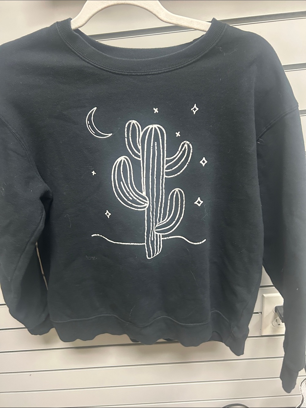 Women's Black Crewneck Sweatshirt with White Cactus Graphic